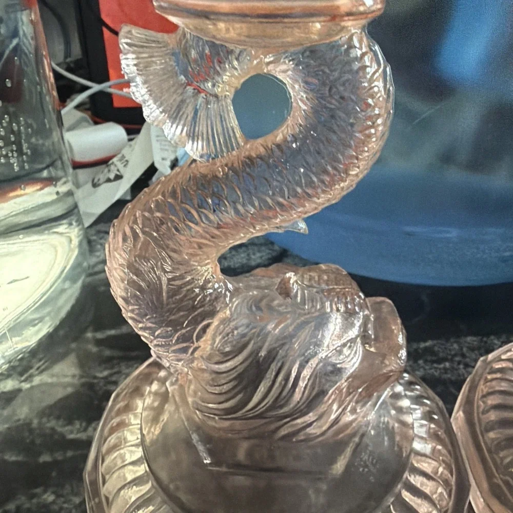 Vintage Pair Pink Glass‎ Candlesticks Koi Fish Design Collectible Rare
